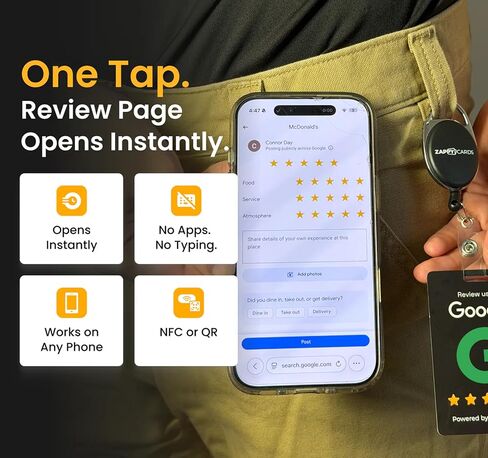 Wearable NFC Review Card — Retractable Badge Reel, QR Code, Tap to Collect 5-Star Reviews in Kuwait