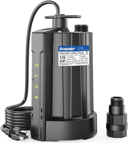Acquaer 1/3 HP Automatic Submersible Water Pump, 115V Sump Pump with 3/4" Garden Hose Adapter, 2160 GPH High Flow Water Removal for Swimming Pool Cover Hot Tubs Flooded House Basement, Black in Kuwait
