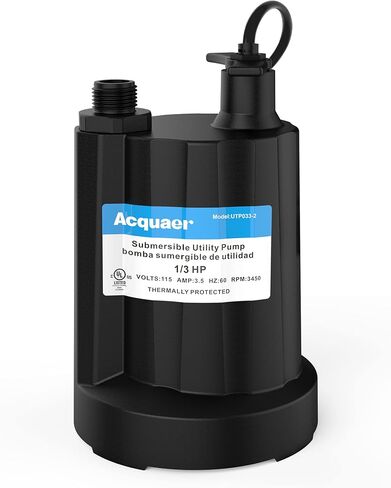 مضخة مياه غاطسة أوتوماتيكية بقوة 1/3 حصان من Acquaer، مضخة مستنقع 115 فولت مع محول خرطوم حديقة 3/4 بوصة، إزالة المياه ذات التدفق العالي 2160 جيجا في الساعة لتغطية حوض السباحة وأحواض المياه الساخنة المغمورة في الطابق السفلي للمنزل، أسود in Saudi Arabia