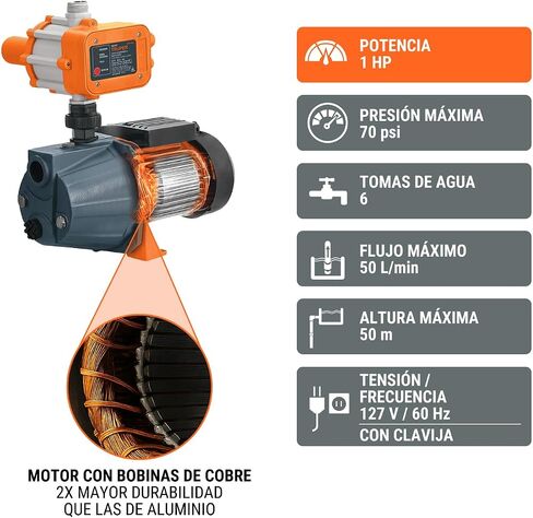 Truper 102855 PRE-1 1 HP Iron Jet Water Pressure Booster Pump with Automatic Electronic Control, Copper Windings, Brass Impeller, Dry-Run Protection, 70 PSI Max, 13.2 GPM in Kuwait