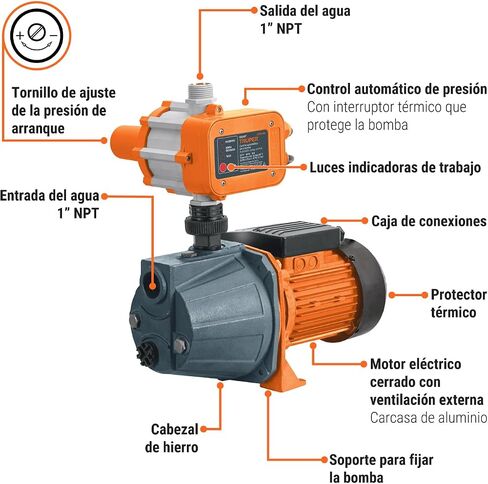 Truper 102855 PRE-1 1 HP Iron Jet Water Pressure Booster Pump with Automatic Electronic Control, Copper Windings, Brass Impeller, Dry-Run Protection, 70 PSI Max, 13.2 GPM in Kuwait