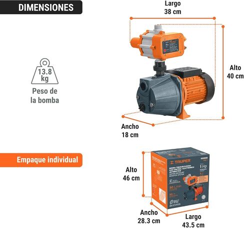 Truper 102855 PRE-1 1 HP Iron Jet Water Pressure Booster Pump with Automatic Electronic Control, Copper Windings, Brass Impeller, Dry-Run Protection, 70 PSI Max, 13.2 GPM in Kuwait