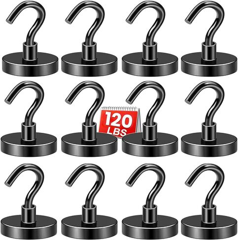 DIYMAG Black Magnetic Hooks, 170 LB Heavy Duty Strong Magnets with Hooks Rare Earth Neodymium Fridge Magnet for Grill Hanging Cruise Cabins Ship Essentials 12 Packs in Kuwait