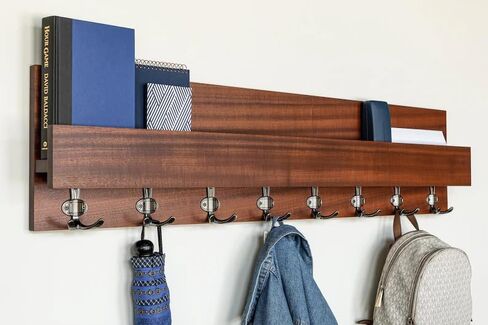 Wooden Wall Mounted Coat Rack with Shelf, 8-Hook Entryway Organizer, Rustic Brown Storage Shelf for Coats Hats Bags, Decorative Hallway Bedroom Wall Decor in Saudi Arabia