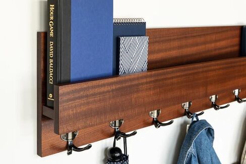 Wooden Wall Mounted Coat Rack with Shelf, 8-Hook Entryway Organizer, Rustic Brown Storage Shelf for Coats Hats Bags, Decorative Hallway Bedroom Wall Decor in Saudi Arabia