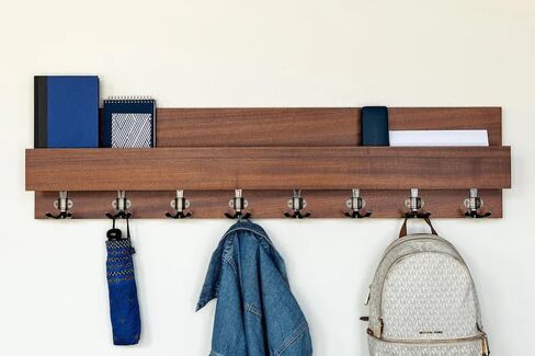 Wooden Wall Mounted Coat Rack with Shelf, 8-Hook Entryway Organizer, Rustic Brown Storage Shelf for Coats Hats Bags, Decorative Hallway Bedroom Wall Decor in Saudi Arabia