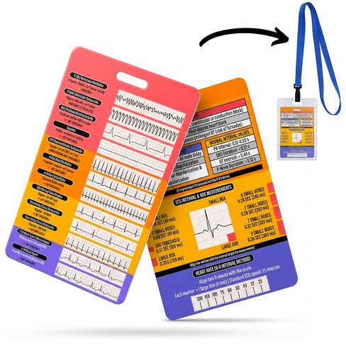 EKG Rhythm Interpretation Badge Card - Rhythm Strips & Shockable Guide | Dual Sided Interval Values & R to R Rate Scale for Nursing Telemetry Students | Included Lanyard Badge Holder | 3.54" x 5.12" in Kuwait