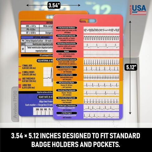 EKG Rhythm Interpretation Badge Card - Rhythm Strips & Shockable Guide | Dual Sided Interval Values & R to R Rate Scale for Nursing Telemetry Students | Included Lanyard Badge Holder | 3.54" x 5.12" in Kuwait