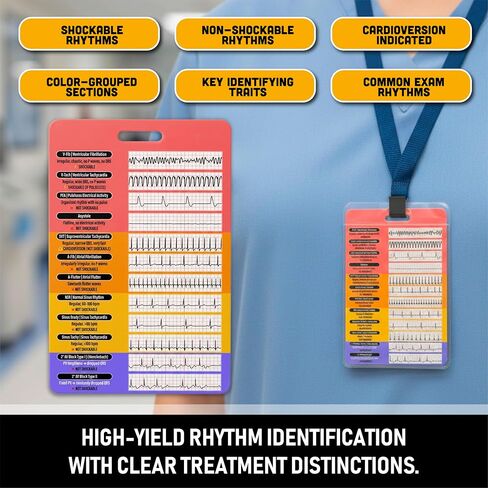 EKG Rhythm Interpretation Badge Card - Rhythm Strips & Shockable Guide | Dual Sided Interval Values & R to R Rate Scale for Nursing Telemetry Students | Included Lanyard Badge Holder | 3.54" x 5.12" in Kuwait