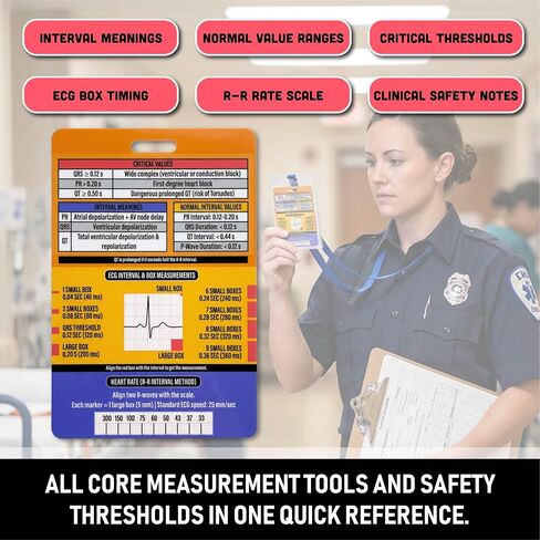 EKG Rhythm Interpretation Badge Card - Rhythm Strips & Shockable Guide | Dual Sided Interval Values & R to R Rate Scale for Nursing Telemetry Students | Included Lanyard Badge Holder | 3.54" x 5.12" in Kuwait