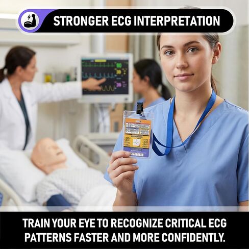 EKG Rhythm Interpretation Badge Card - Rhythm Strips & Shockable Guide | Dual Sided Interval Values & R to R Rate Scale for Nursing Telemetry Students | Included Lanyard Badge Holder | 3.54" x 5.12" in Kuwait
