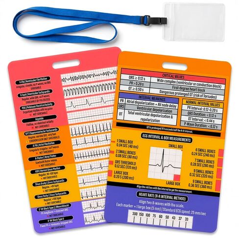 EKG Rhythm Interpretation Badge Card - Rhythm Strips & Shockable Guide | Dual Sided Interval Values & R to R Rate Scale for Nursing Telemetry Students | Included Lanyard Badge Holder | 3.54" x 5.12" in Kuwait