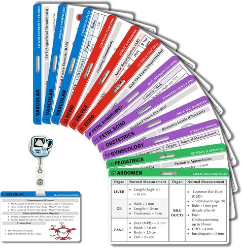 Ultrasound Badge Reel Reference Cards Set of 12, Sonographer Badge Buddy - Quick Reference Cheat Sheet for Sonography Student Must Haves, Echo Vascular OB-GYN (Complete Set + Badge Reel (12-Cards)) in Kuwait