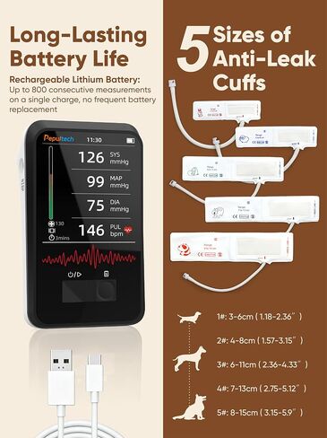 Veterinary Blood Pressure Monitor for Dogs Cats,Rechargeable Animal BP Monitor for Family Clinic Use,3.5inch Display &1000 Data Memory,Accurate Results & Easy to Use (5 Cuffs Set) in Kuwait