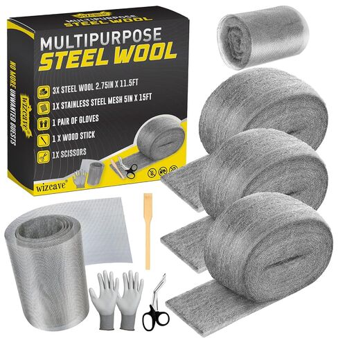 Steel Wool Mice Control - 3 Pack 2.75 in x 11.5 Ft Steel Wool & 1 Pack 5 in x 15 Ft Wire Mesh with Wooden Stick & Gloves & Scissors, Mouse Hole Filler for House Garden Polishing Chrome, Glass in Kuwait