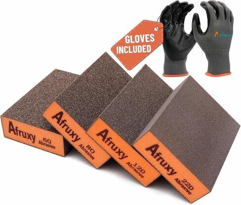 Sanding Sponge, 60/80/120/220 Grit 4-Pack with Protective Gloves, Coarse Fine Medium Grit Sanding Block, Reusable Dry Wet Sanding Blocks for Wood, Drywall,Metal, Fine Sandpaper Sand Block by Afruxy in Kuwait