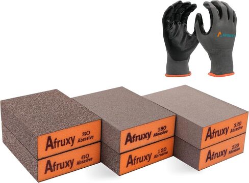 Sanding Sponge, 60/80/120/220 Grit 4-Pack with Protective Gloves, Coarse Fine Medium Grit Sanding Block, Reusable Dry Wet Sanding Blocks for Wood, Drywall,Metal, Fine Sandpaper Sand Block by Afruxy in Kuwait