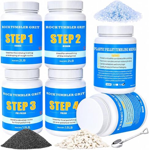 Rock Tumbler Grit and Tumbling Media Kit 10 Pounds, 4-Step Polish Refill with Ceramic & Plastic Pellets, Polish Up to 70 lbs of Rocks, Compatible with National Geographic, KoolStone & All Rock Tumbler in Kuwait