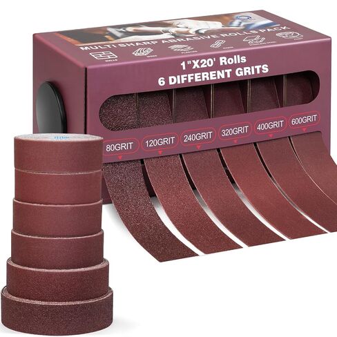 6 PCS Emery Cloth Roll Sandpaper with Dispenser, 80/120/240/320/400/600 Fine Grit Aluminum Oxide Abrasive, 1'' x 19.7' Wet Dry Sandpaper Roll 118FT Total for Wood Furniture Metal Polishing DIY Crafts in Kuwait