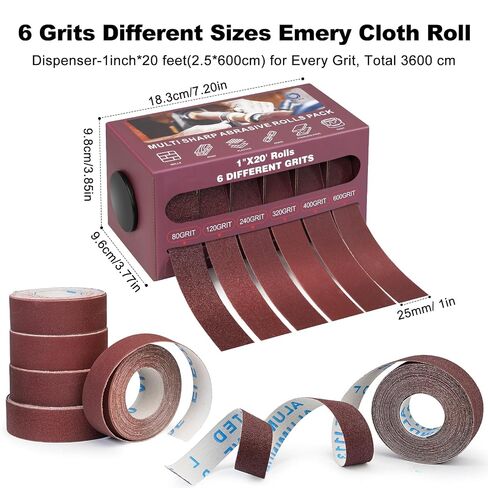 6 PCS Emery Cloth Roll Sandpaper with Dispenser, 80/120/240/320/400/600 Fine Grit Aluminum Oxide Abrasive, 1'' x 19.7' Wet Dry Sandpaper Roll 118FT Total for Wood Furniture Metal Polishing DIY Crafts in Kuwait