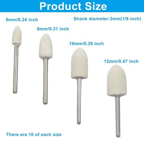 40 Pcs Wool Polishing Bits – 1/8" Shank Wool Felt Buffing Bits Bullet Shape Cone Set for Dremel Rotary Tools (6mm/8mm/10mm/12mm), White in Kuwait