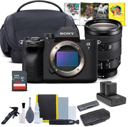 حزمة كاميرا Sony Alpha 7 بعدسة قابلة للتبديل كاملة الإطار (الهيكل فقط) مع عدسة وبطاقة ذاكرة وبطارية (عبوتان) وشاحن مزدوج وحقيبة وميكروفون ومجموعة تنظيف ومجموعة برامج وكابل USB-A (9 قطع) in Kuwait