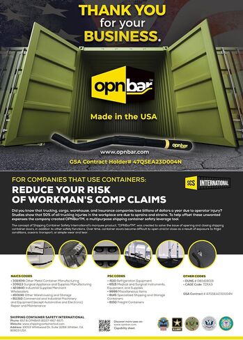 OPNBar Version 2 (1 Pack) Large Mouth Leverage Bar for Shipping Container Doors - no 5th Wheel Release - Made in the USA by SCS International in Kuwait