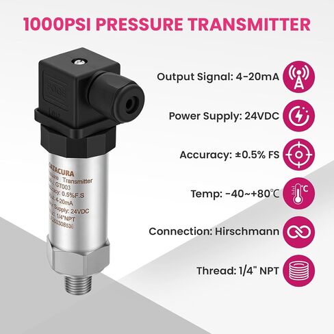 1000PSI Pressure Transmitter,Industrial Pressure Transducer, 4-20mA 0.5% FS – 24V DC, 1/4" NPT, Hirschmann Connector, IP65 for Liquid/Oil/Gas in Saudi Arabia