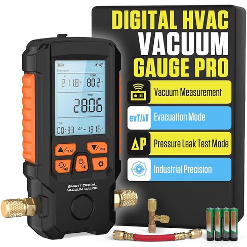 Digital Vacuum Gauge Pro, HVAC Vacuum Gauge with Smart Evacuation & Leak Detection, Torr/mbar/hPa/inHg, ±0.2% FS Accuracy, Auto Calibration, 3" LCD, 7/16"-20UNF(1/4" SAE) in Kuwait