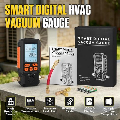 Digital Vacuum Gauge Pro, HVAC Vacuum Gauge with Smart Evacuation & Leak Detection, Torr/mbar/hPa/inHg, ±0.2% FS Accuracy, Auto Calibration, 3" LCD, 7/16"-20UNF(1/4" SAE) in Kuwait
