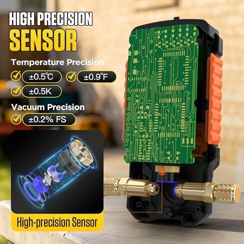 Digital Vacuum Gauge Pro, HVAC Vacuum Gauge with Smart Evacuation & Leak Detection, Torr/mbar/hPa/inHg, ±0.2% FS Accuracy, Auto Calibration, 3" LCD, 7/16"-20UNF(1/4" SAE) in Kuwait