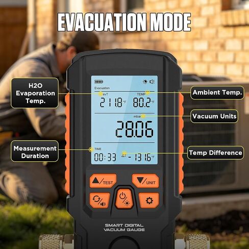 Digital Vacuum Gauge Pro, HVAC Vacuum Gauge with Smart Evacuation & Leak Detection, Torr/mbar/hPa/inHg, ±0.2% FS Accuracy, Auto Calibration, 3" LCD, 7/16"-20UNF(1/4" SAE) in Kuwait