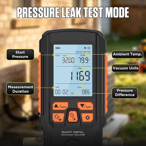 Digital Vacuum Gauge Pro, HVAC Vacuum Gauge with Smart Evacuation & Leak Detection, Torr/mbar/hPa/inHg, ±0.2% FS Accuracy, Auto Calibration, 3" LCD, 7/16"-20UNF(1/4" SAE) in Kuwait