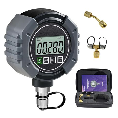 مقياس فراغ رقمي HVAC ميكرون قياس 0-75000 ميكرون، مقياس ضغط فراغ HVAC مع إنذار مسموع، 7/16-20 UNF 1/4" SAE Port، LCD بإضاءة خلفية، موصل T ومحول تمديد لتبريد التيار المتردد in Kuwait