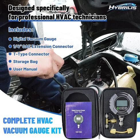 مقياس فراغ رقمي HVAC ميكرون قياس 0-75000 ميكرون، مقياس ضغط فراغ HVAC مع إنذار مسموع، 7/16-20 UNF 1/4" SAE Port، LCD بإضاءة خلفية، موصل T ومحول تمديد لتبريد التيار المتردد in Kuwait