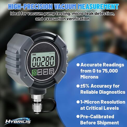 مقياس فراغ رقمي HVAC ميكرون قياس 0-75000 ميكرون، مقياس ضغط فراغ HVAC مع إنذار مسموع، 7/16-20 UNF 1/4" SAE Port، LCD بإضاءة خلفية، موصل T ومحول تمديد لتبريد التيار المتردد in Kuwait