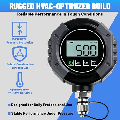 مقياس فراغ رقمي HVAC ميكرون قياس 0-75000 ميكرون، مقياس ضغط فراغ HVAC مع إنذار مسموع، 7/16-20 UNF 1/4" SAE Port، LCD بإضاءة خلفية، موصل T ومحول تمديد لتبريد التيار المتردد in Kuwait