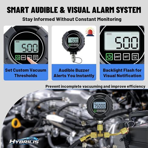 مقياس فراغ رقمي HVAC ميكرون قياس 0-75000 ميكرون، مقياس ضغط فراغ HVAC مع إنذار مسموع، 7/16-20 UNF 1/4" SAE Port، LCD بإضاءة خلفية، موصل T ومحول تمديد لتبريد التيار المتردد in Kuwait