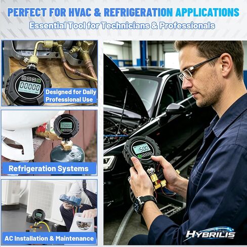 مقياس فراغ رقمي HVAC ميكرون قياس 0-75000 ميكرون، مقياس ضغط فراغ HVAC مع إنذار مسموع، 7/16-20 UNF 1/4" SAE Port، LCD بإضاءة خلفية، موصل T ومحول تمديد لتبريد التيار المتردد in Kuwait