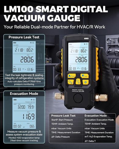 LM100 Smart Digital Vacuum Gauge | Evacuation Mode,Pressure Leak Test,Dual-Mode AC Vacuum Tester,±0.2% FS High Accuracy,Multi-Unit HVAC Leak Detector in Kuwait