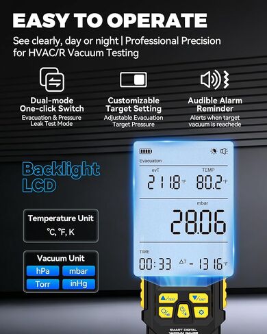 LM100 Smart Digital Vacuum Gauge | Evacuation Mode,Pressure Leak Test,Dual-Mode AC Vacuum Tester,±0.2% FS High Accuracy,Multi-Unit HVAC Leak Detector in Kuwait