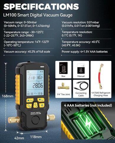 LM100 Smart Digital Vacuum Gauge | Evacuation Mode,Pressure Leak Test,Dual-Mode AC Vacuum Tester,±0.2% FS High Accuracy,Multi-Unit HVAC Leak Detector in Kuwait