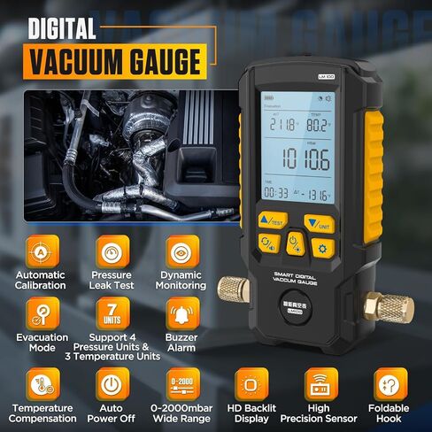 مقياس فراغ رقمي، ±0.2% شاشة LCD عالية الدقة مقاس 3 بوصات مقياس فراغ HVAC ذكي مع وضع الإخلاء، اختبار تسرب الضغط، دعم نقل البيانات، مفتاح 4 وحدات، تطبيقات واسعة in Kuwait