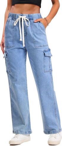 SESERAGI Cargo Jeans for Women Stretchy Baggy Wide Leg Drawstring Work Denim Pants with 6 Pockets Trousers in Kuwait