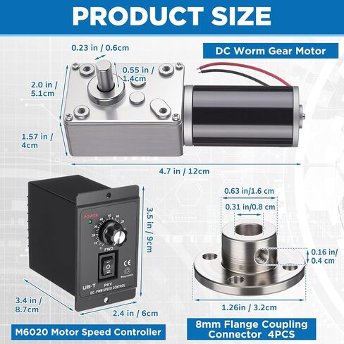 Sabary 6 Piece 12v 12rpm Dc Worm Gear Motor Kit with 20a Pwm Speed Controller for Forward and Reverse Control, High Torque Self-Locking Motor for DIY Automation, Robotics in Kuwait