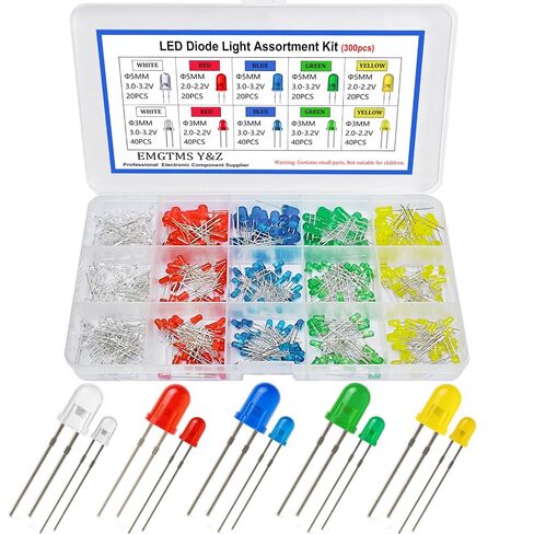 300 Pcs 3mm & 5mm LED Diode Assortment Kit - 5 Colors (White/Red/Blue/Green/Yellow) Bright Light Emitting Diodes for DIY Electronics, Arduino, Raspberry Pi, and Science Projects (5 Colors 300 Pcs) in Saudi Arabia