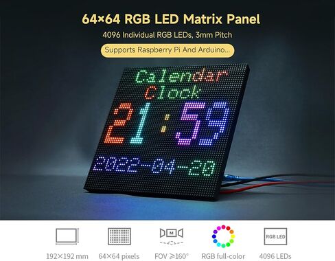 4096 64×64 RGB Full-Color LED Matrix Panel, 3mm Pitch Display Screen Compatible with Raspberry Pi 5/4B/Zero 2W/Zero/Pico 2W /Pico 2W, ESP32, Support Adjustable Brightness, Chainable in Kuwait