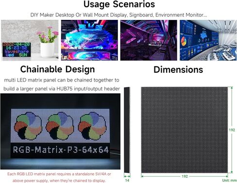 4096 64×64 RGB Full-Color LED Matrix Panel, 3mm Pitch Display Screen Compatible with Raspberry Pi 5/4B/Zero 2W/Zero/Pico 2W /Pico 2W, ESP32, Support Adjustable Brightness, Chainable in Kuwait