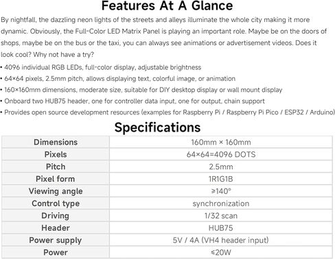 لوحة مصفوفة LED بالألوان الكاملة 4096 RGB، مسافة 2.5 مم، 64 × 64 بكسل، متوافقة مع Raspberry Pi 5/4B/Zero 2W/Zero/Pico 2W / ESP32، تدعم السطوع القابل للتعديل، قابلة للتسلسل، عرض النص، الرسوم المتحركة in Kuwait