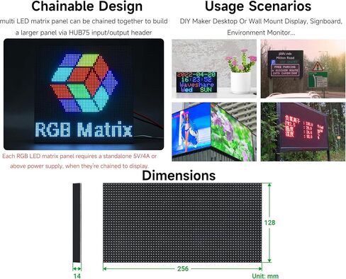 لوحة مصفوفة LED بالألوان الكاملة 2048 RGB، درجة 4 مم، 64 × 32 بكسل، متوافقة مع Raspberry Pi 5/4B/Zero 2W/Zero/Pico 2W /Pico، تدعم السطوع القابل للتعديل، قابلة للتسلسل، عرض النص، الرسوم المتحركة in Kuwait